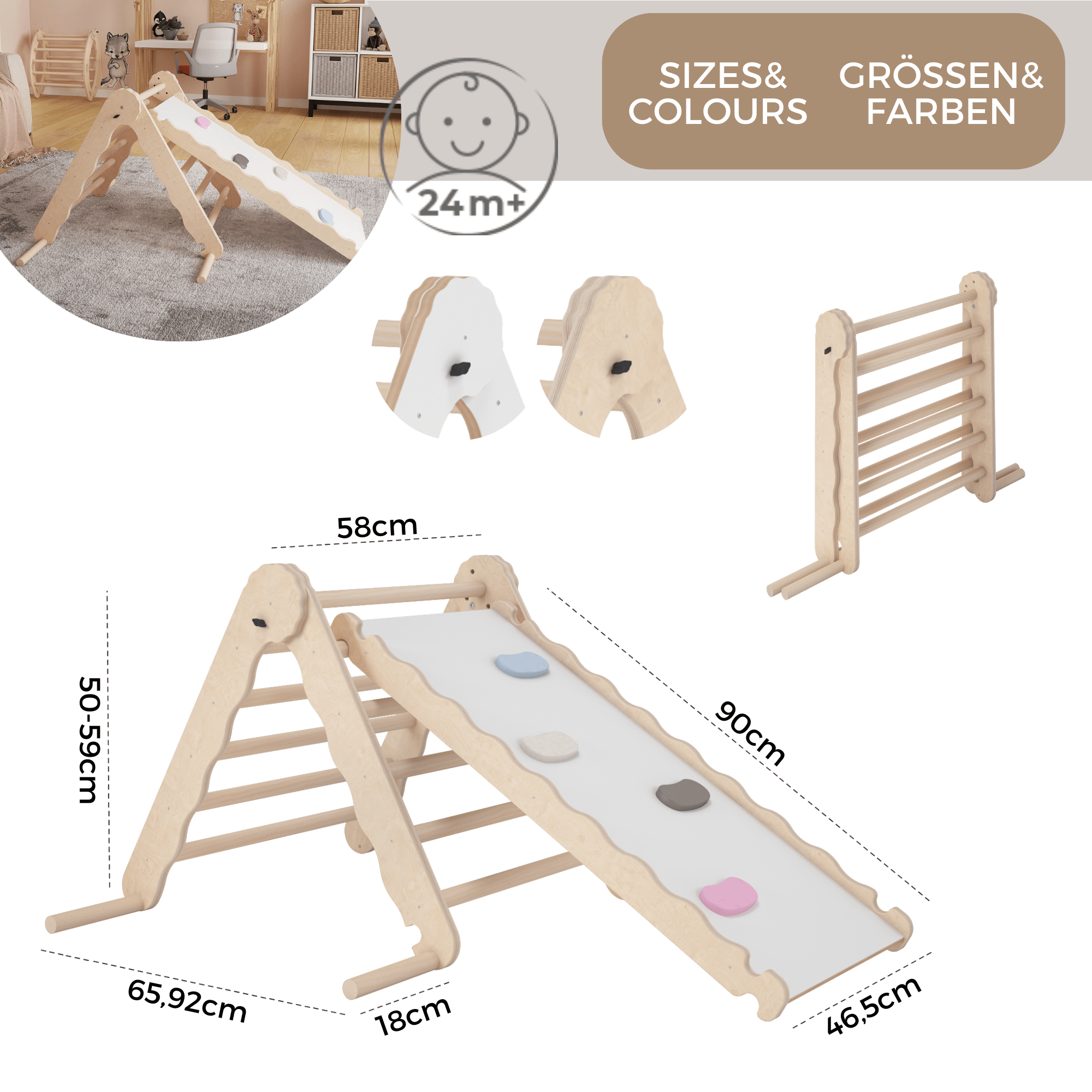 MAMOI® Indoor climbing triangle with slide for kids, Baby climbing frame, Wooden toddler gym for children outside and outdoor, Frames and slides, montessori toys for toddlers age 1-3-2