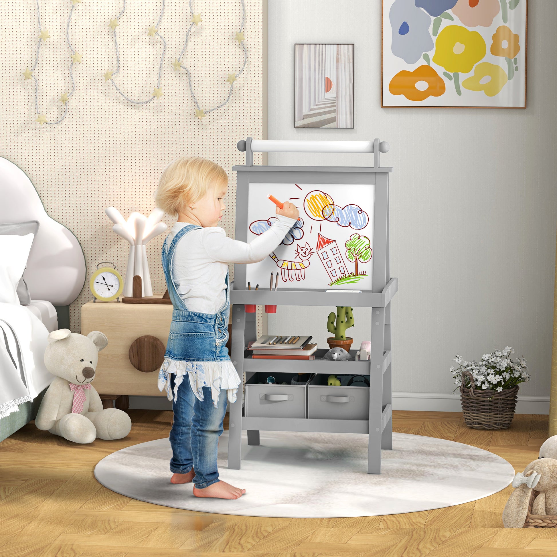 AIYAPLAY 3 in 1 Kids Easel Double-Sided Magnetic Whiteboard and Chalkboard with Paper Roll, Storage Baskets in Grey-8
