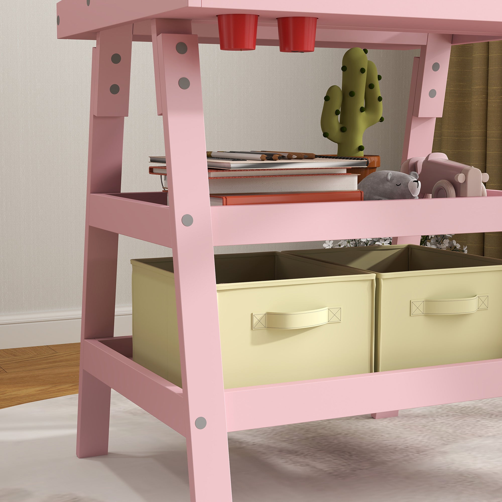 AIYAPLAY 3 in 1 Kids Easel Double-Sided Magnetic Whiteboard and Chalkboard with Paper Roll, Storage Baskets in Pink-7