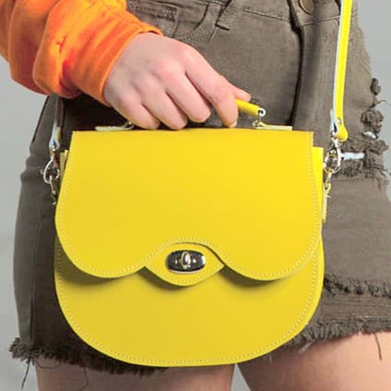 Handmade Leather Twist Lock Saddle Bag - Pastel Daffodil Yellow-3